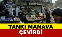 Suriyeli esnaf Esad'ın bomba yağdırdığı tankı manav tezgahına çevirdi