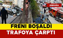 Freni boşalan kamyon böyle durabildi