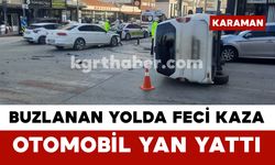 Buzlanan Yolda Feci Kaza: Otomobil Yan Yattı