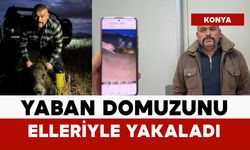 80 kiloluk yaban domuzunu elleriyle yakaladı
