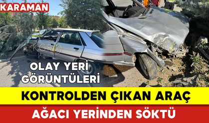 Kontrolden Çıkan Araç Ağacı Yerinden Söktü Olay Yeri Görüntüleri