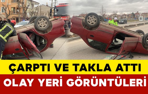 (FOTO EKLENDİ) Karaman’da Park halindeki araca çarpan otomobil takla attı: 1 yaralı