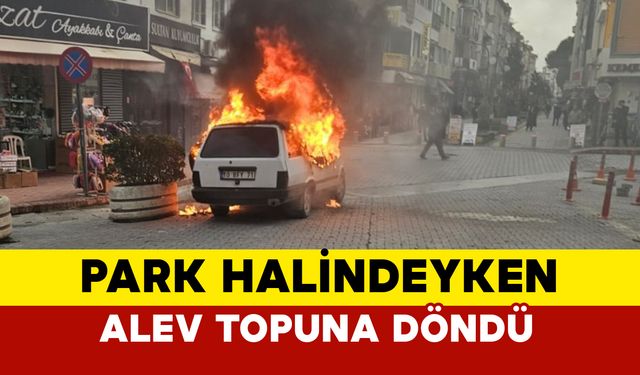 Burhaniye’de Park Halindeki Araç Alev Topuna Döndü