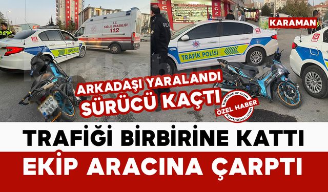 Trafiği birbirine katan motosikletli genç ekip otosuna çarptı