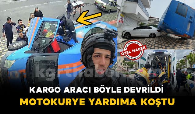 Karaman'da kargo aracının devrilme anı kamerada: Yaralının yardımına motokurye koştu