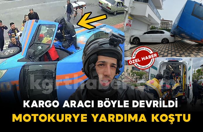 Karaman'da kargo aracının devrilme anı kamerada: Yaralının yardımına motokurye koştu