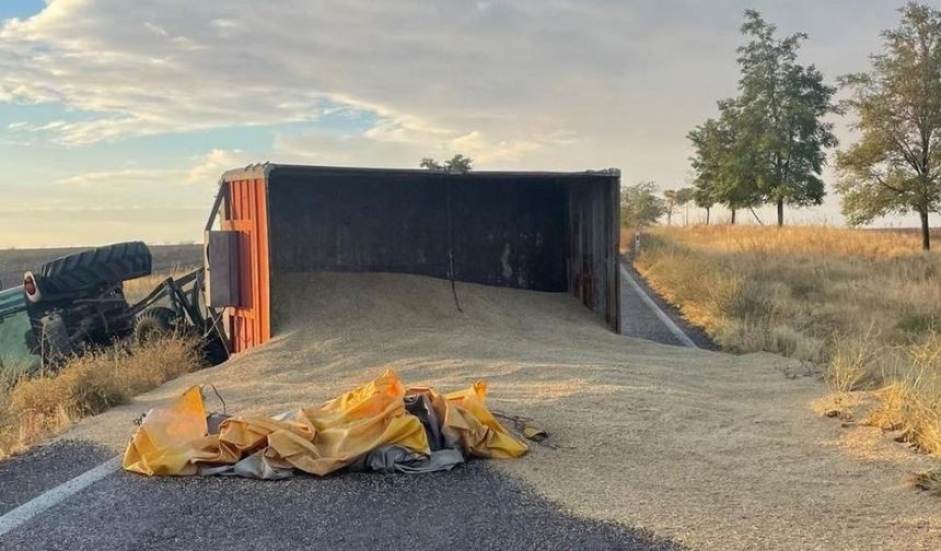 Traktör Devrildi Arpalar Yola Saçıldı