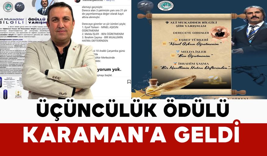Üçüncülük Ödülü Karaman’a Geldi