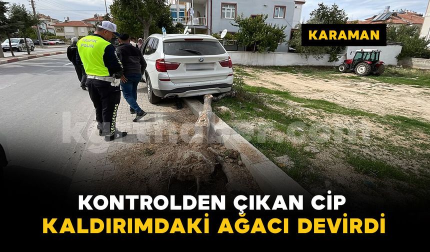Karaman'da kontrolden çıkan cip kaldırımdaki ağacı devirdi
