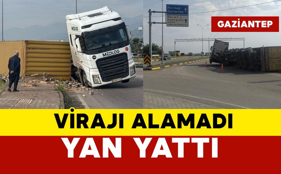 Tırın dorsesi virajı alamadı yan yattı