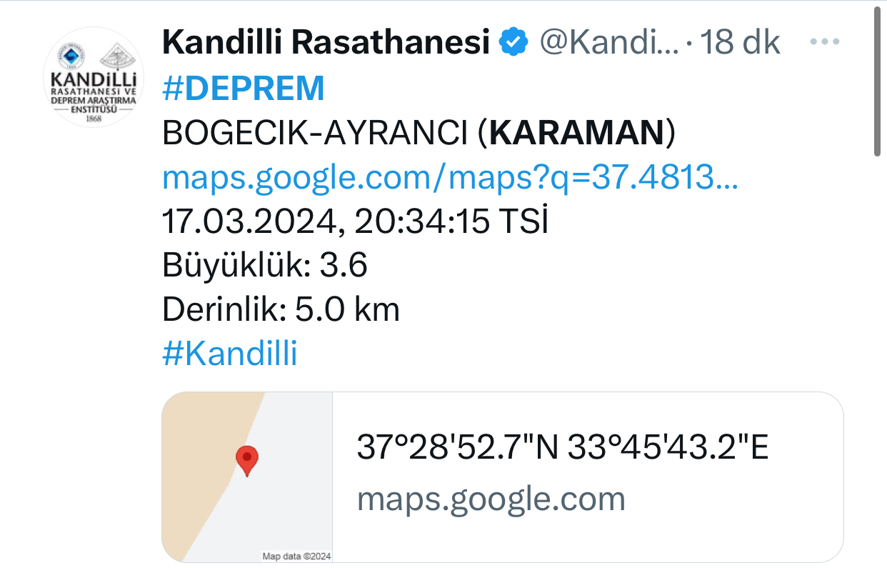 Karaman deprem 17 Mart 2024