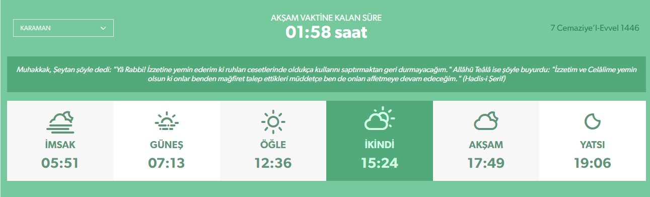 Karaman Namaz Vakitleri 9 Kasım 2024