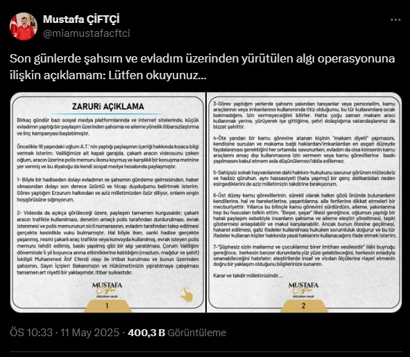 Erzurum Valisi Mustafa Ciftci Oglunun Paylasimlari Icin Ozur Diledi (2)