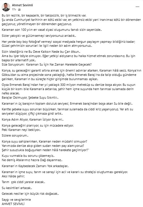 Ahmet Sevimliden Karaman Yonetimine Sert Su Elestirisi1