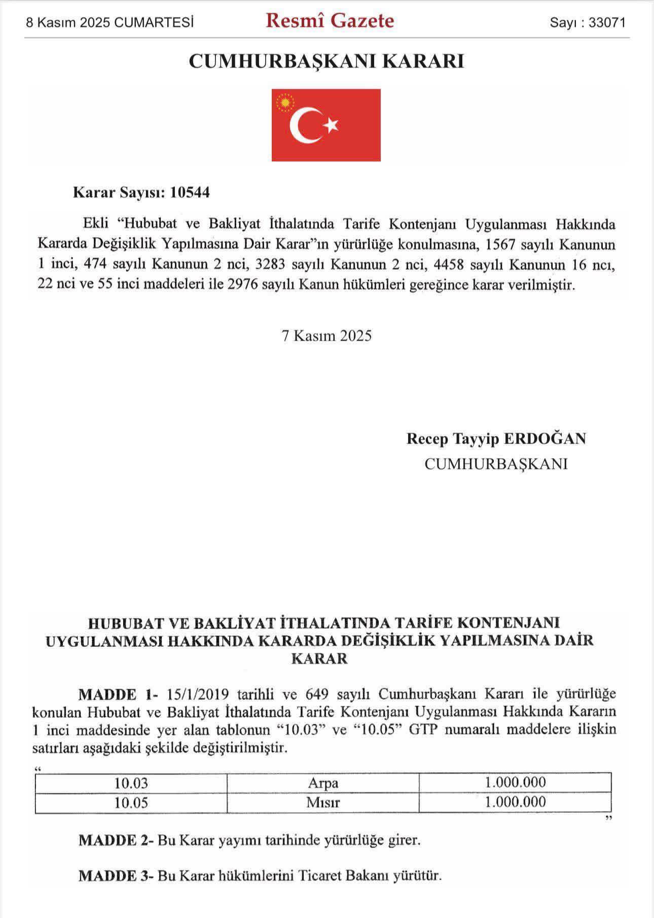 Misir Ithalatinda Yeni Karar Resmi Gazetede1