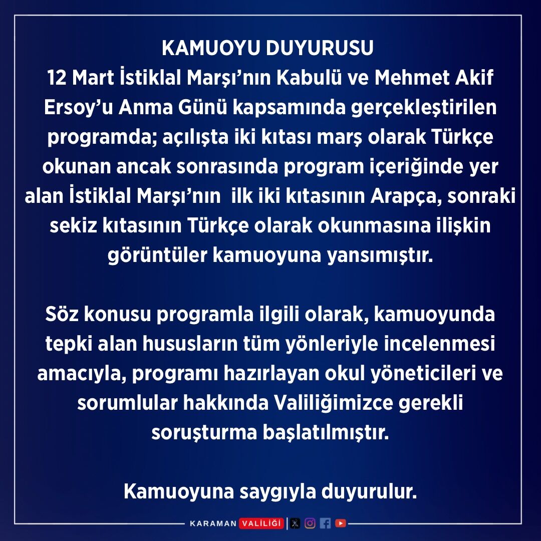 Karaman Valiliginden Arapca Istiklal Marsi Olayina Sorusturma1