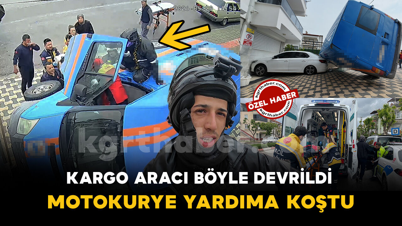 Karaman'da kargo aracının devrilme anı kamerada: Yaralının yardımına motokurye koştu